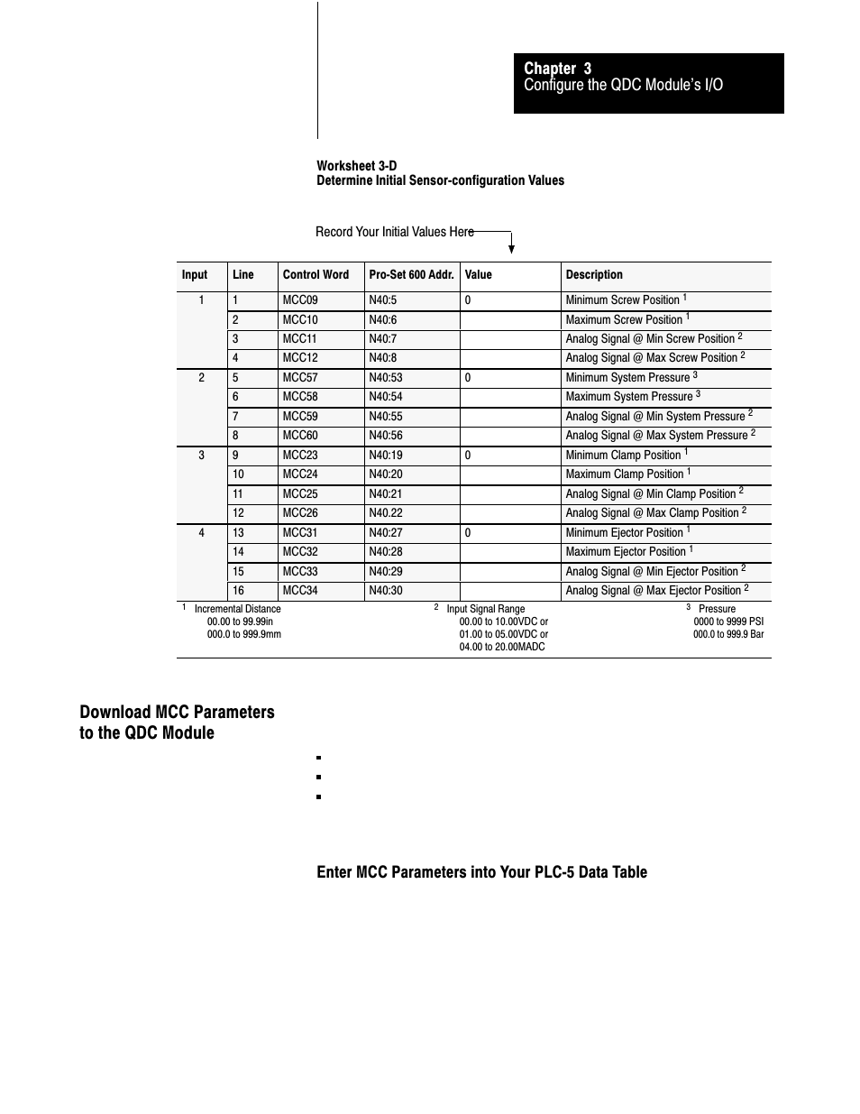 Download mcc parameters to the qdc module, Configure the qdc module's i/o chapter 3, Enter mcc parameters into your plcć5 data table | Rockwell Automation 1771-QDC, D17716.5.93(Passport) PLASTIC MOLDING MODULE User Manual | Page 49 / 306