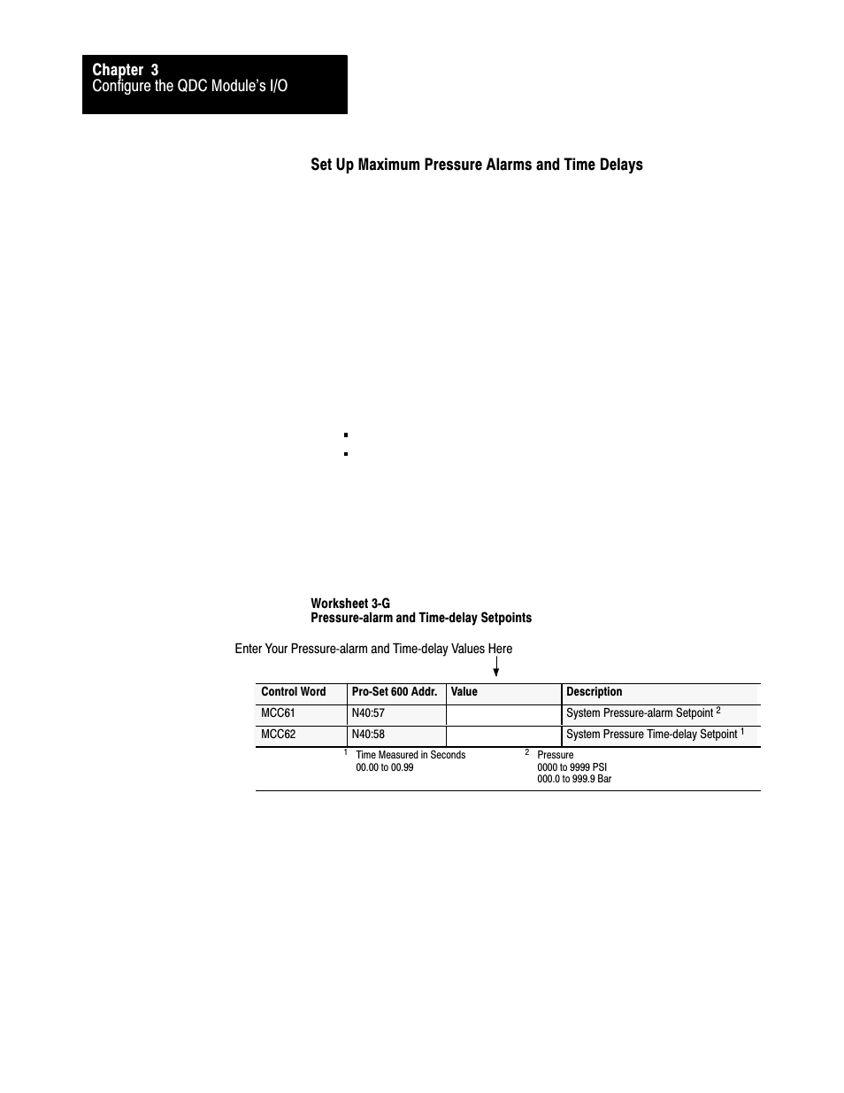 Configure the qdc module's i/o chapter 3, Set up maximum pressure alarms and time delays | Rockwell Automation 1771-QDC, D17716.5.93(Passport) PLASTIC MOLDING MODULE User Manual | Page 60 / 306