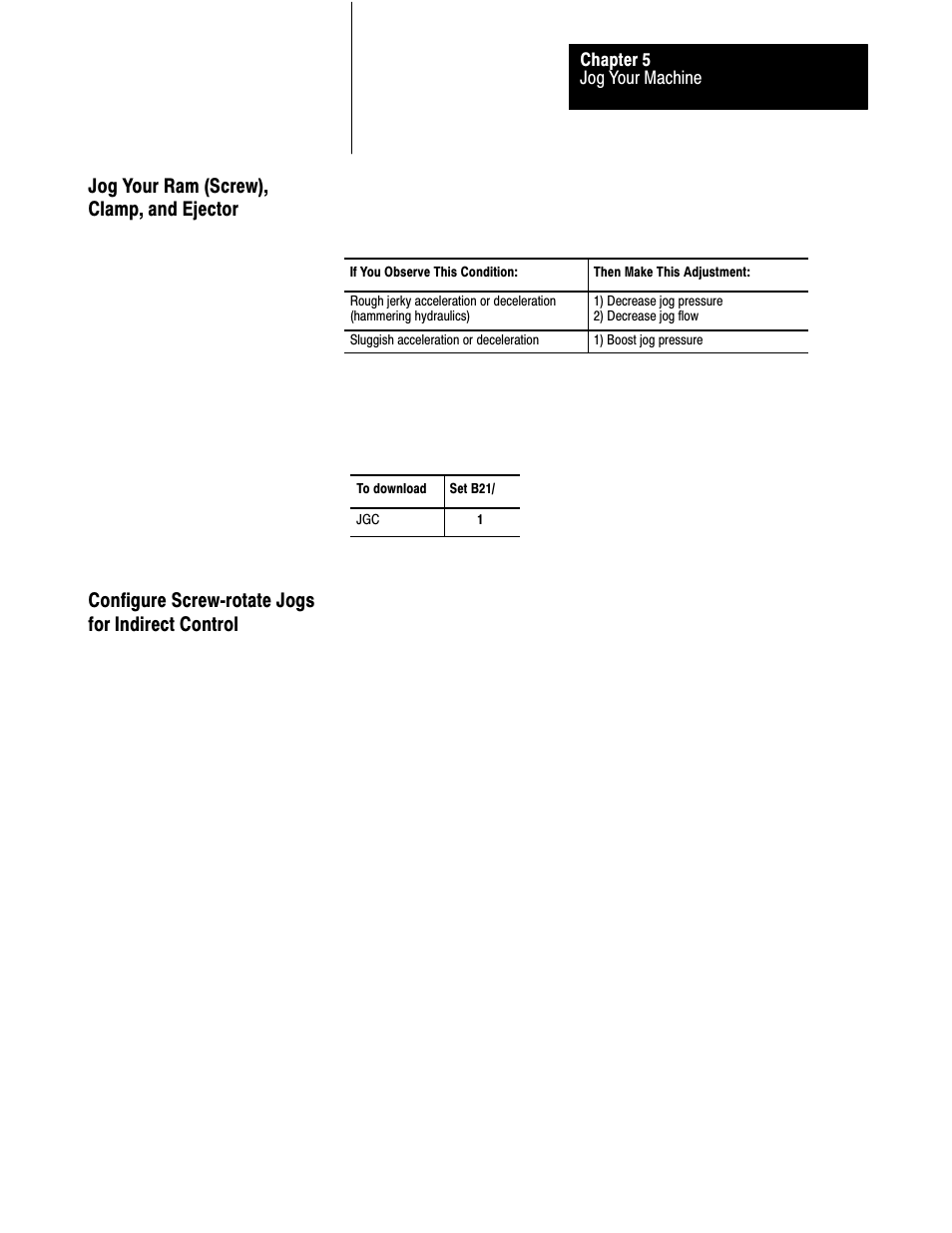 Jog your ram (screw), clamp, and ejector, Configure screw rotate jogs for indirect control | Rockwell Automation 1771-QDC, D17716.5.93(Passport) PLASTIC MOLDING MODULE User Manual | Page 74 / 306