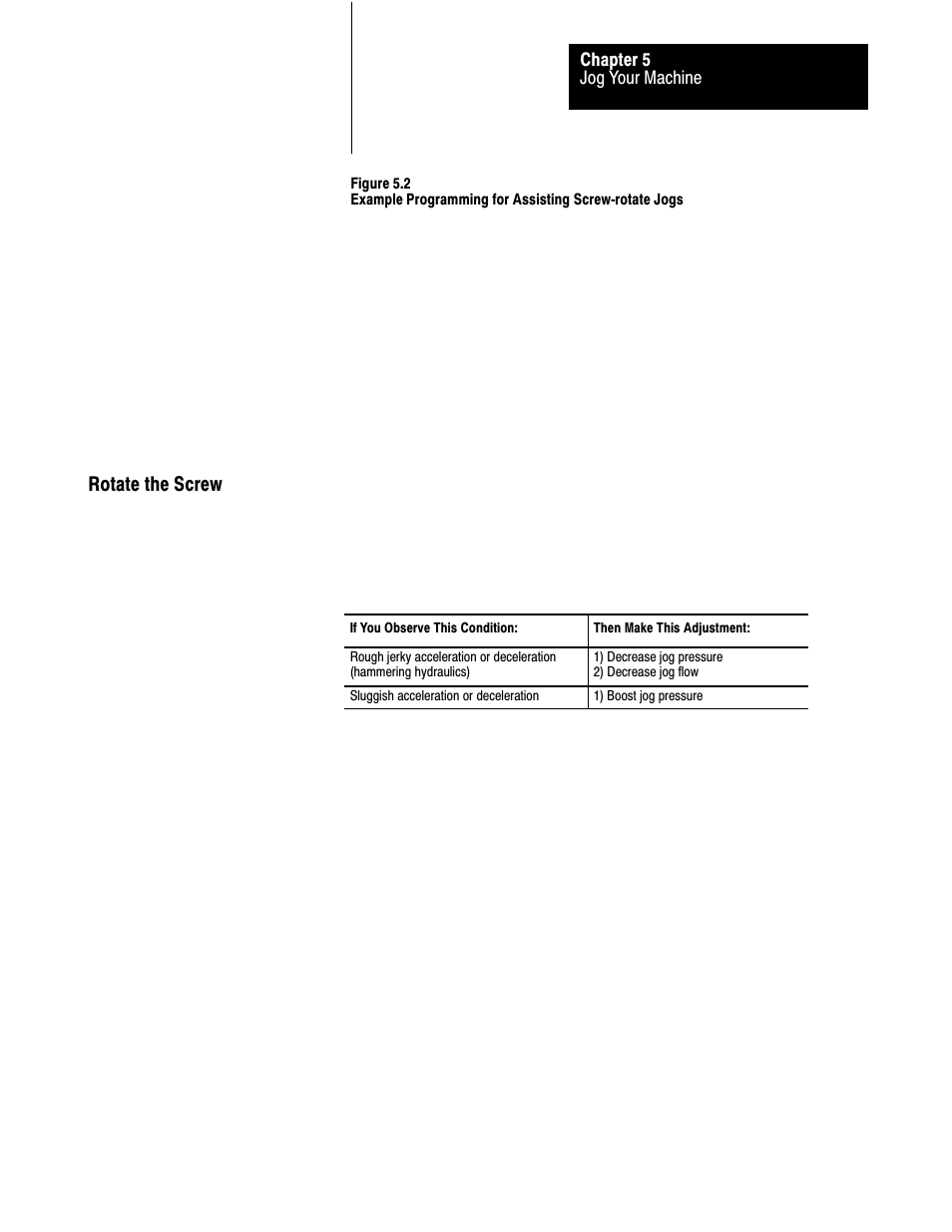 Rotate the screw, Jog your machine chapter 5 | Rockwell Automation 1771-QDC, D17716.5.93(Passport) PLASTIC MOLDING MODULE User Manual | Page 76 / 306