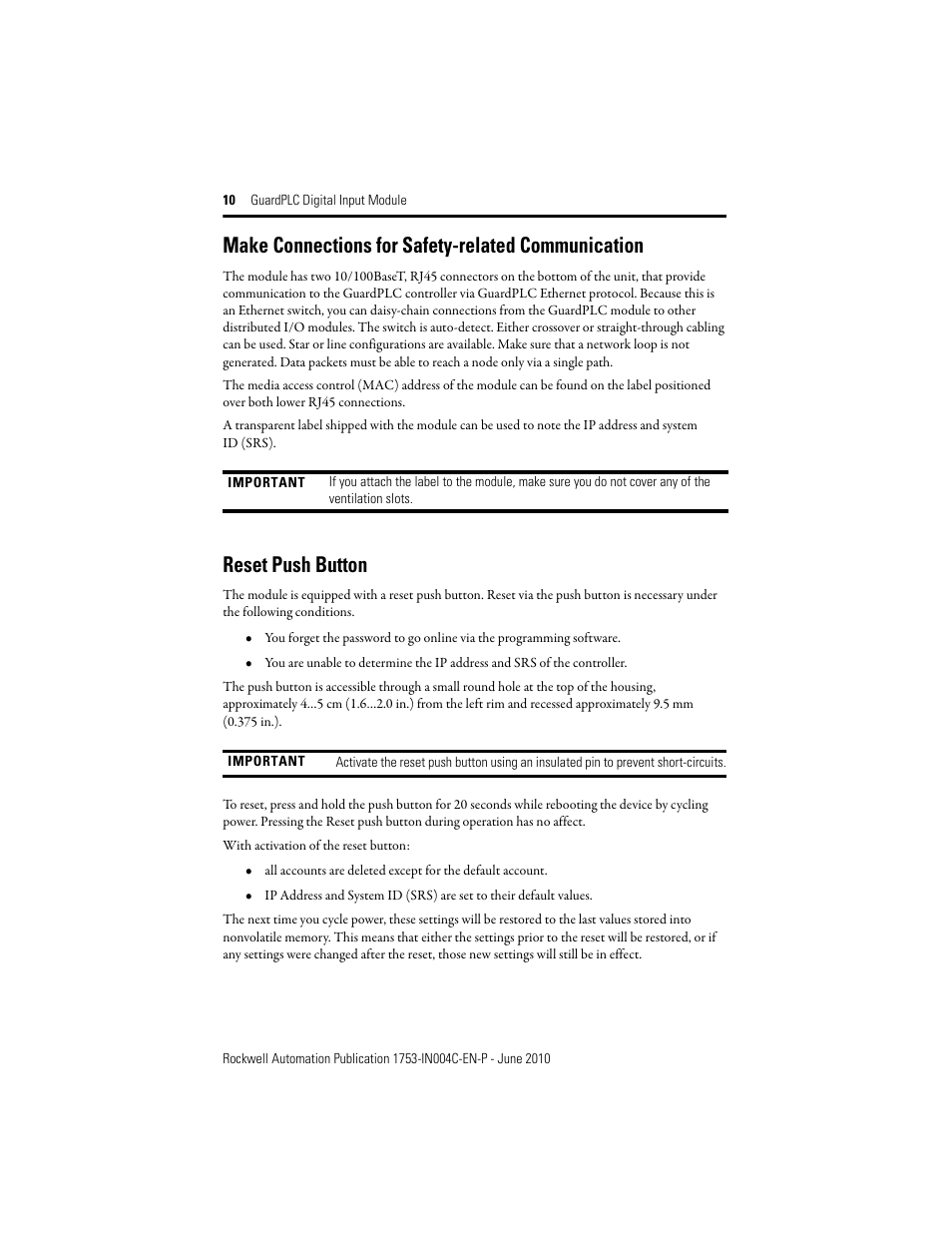 Make connections for safety-related communication, Reset push button | Rockwell Automation 1753-IB16 GuardPLC Digital Input Module Installation Instructions User Manual | Page 10 / 16