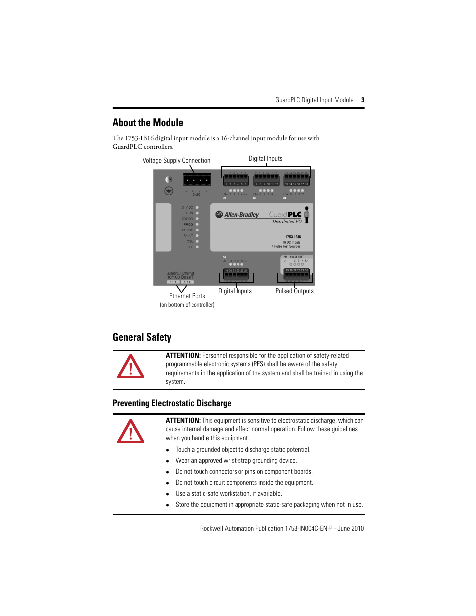 About the module, General safety, Preventing electrostatic discharge | Rockwell Automation 1753-IB16 GuardPLC Digital Input Module Installation Instructions User Manual | Page 3 / 16