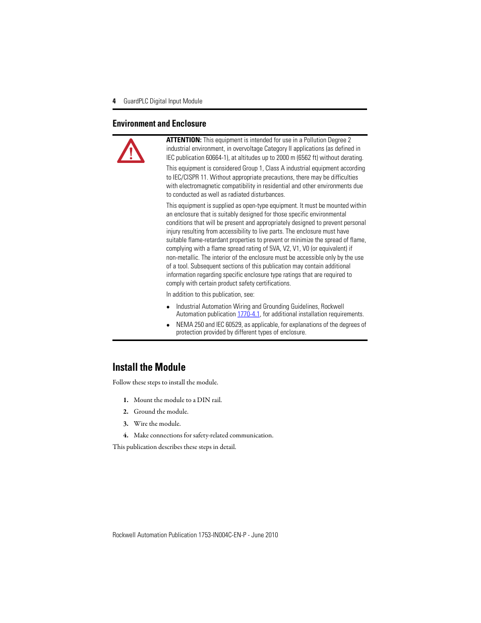 Environment and enclosure, Install the module | Rockwell Automation 1753-IB16 GuardPLC Digital Input Module Installation Instructions User Manual | Page 4 / 16