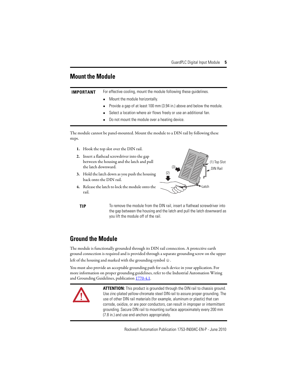 Mount the module, Ground the module | Rockwell Automation 1753-IB16 GuardPLC Digital Input Module Installation Instructions User Manual | Page 5 / 16