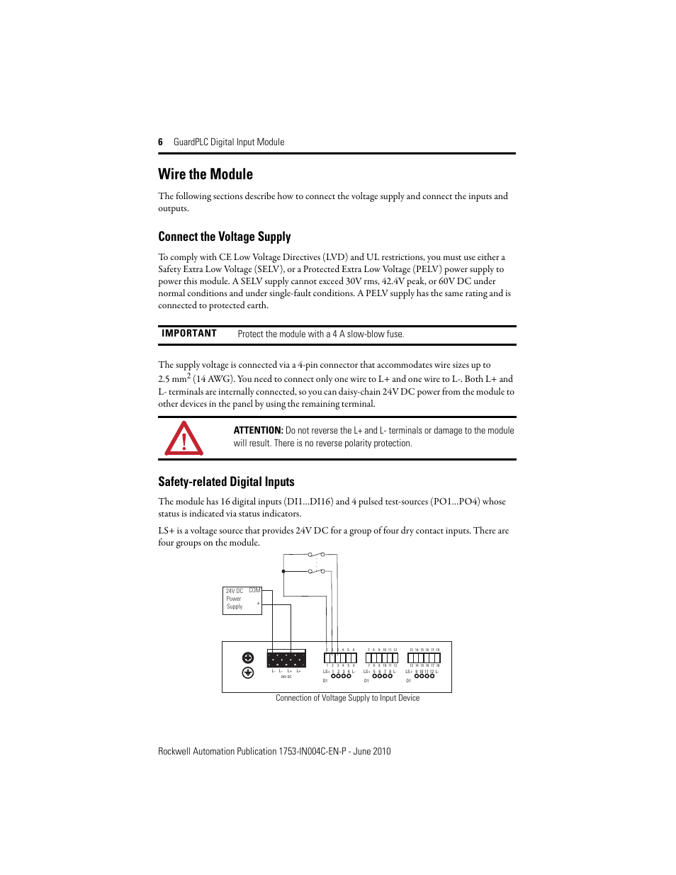 Wire the module, Connect the voltage supply, Safety-related digital inputs | Connection of voltage supply to input device | Rockwell Automation 1753-IB16 GuardPLC Digital Input Module Installation Instructions User Manual | Page 6 / 16