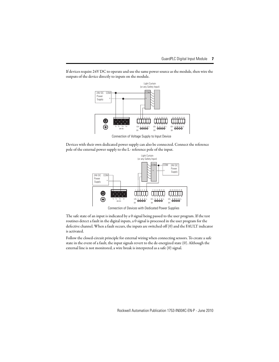 Connection of voltage supply to input device | Rockwell Automation 1753-IB16 GuardPLC Digital Input Module Installation Instructions User Manual | Page 7 / 16