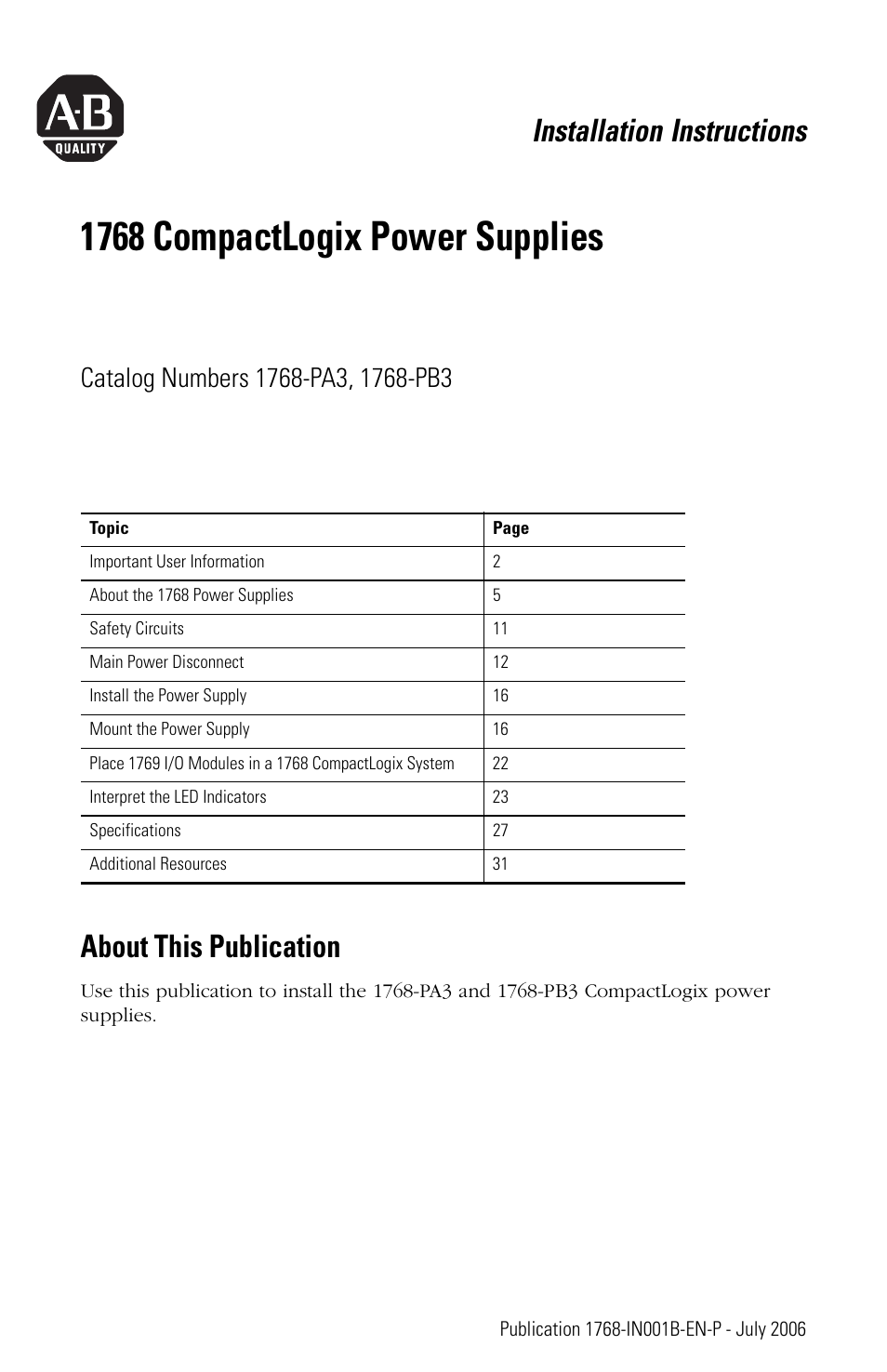 Rockwell Automation 1768-PA3_PB3 CompactLogix Power Supplies Installation Instructions User Manual | 32 pages