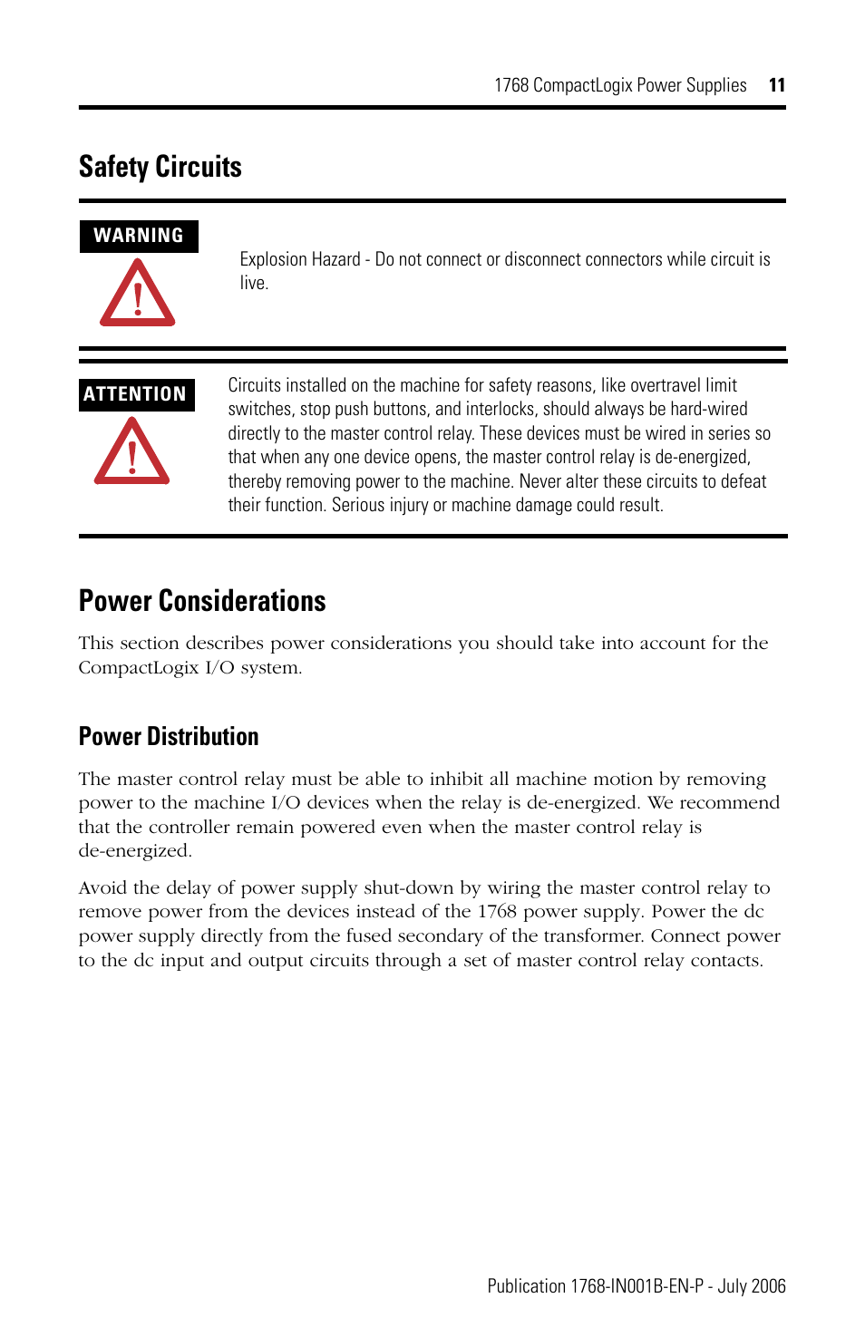 Safety circuits, Power considerations, Power distribution | Safety circuits power considerations | Rockwell Automation 1768-PA3_PB3 CompactLogix Power Supplies Installation Instructions User Manual | Page 11 / 32