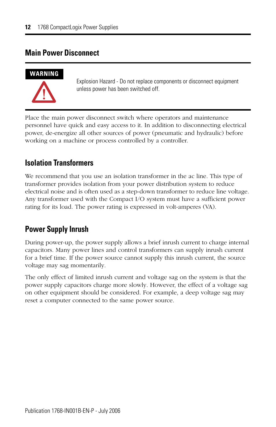 Main power disconnect, Isolation transformers, Power supply inrush | Rockwell Automation 1768-PA3_PB3 CompactLogix Power Supplies Installation Instructions User Manual | Page 12 / 32