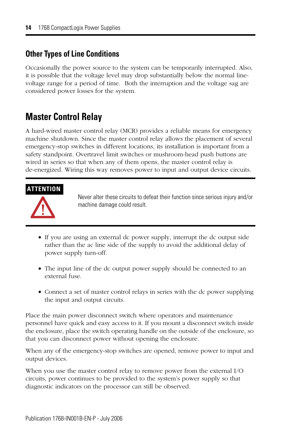 Other types of line conditions, Master control relay | Rockwell Automation 1768-PA3_PB3 CompactLogix Power Supplies Installation Instructions User Manual | Page 14 / 32