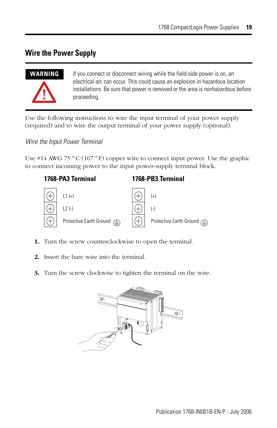 Wire the power supply | Rockwell Automation 1768-PA3_PB3 CompactLogix Power Supplies Installation Instructions User Manual | Page 19 / 32