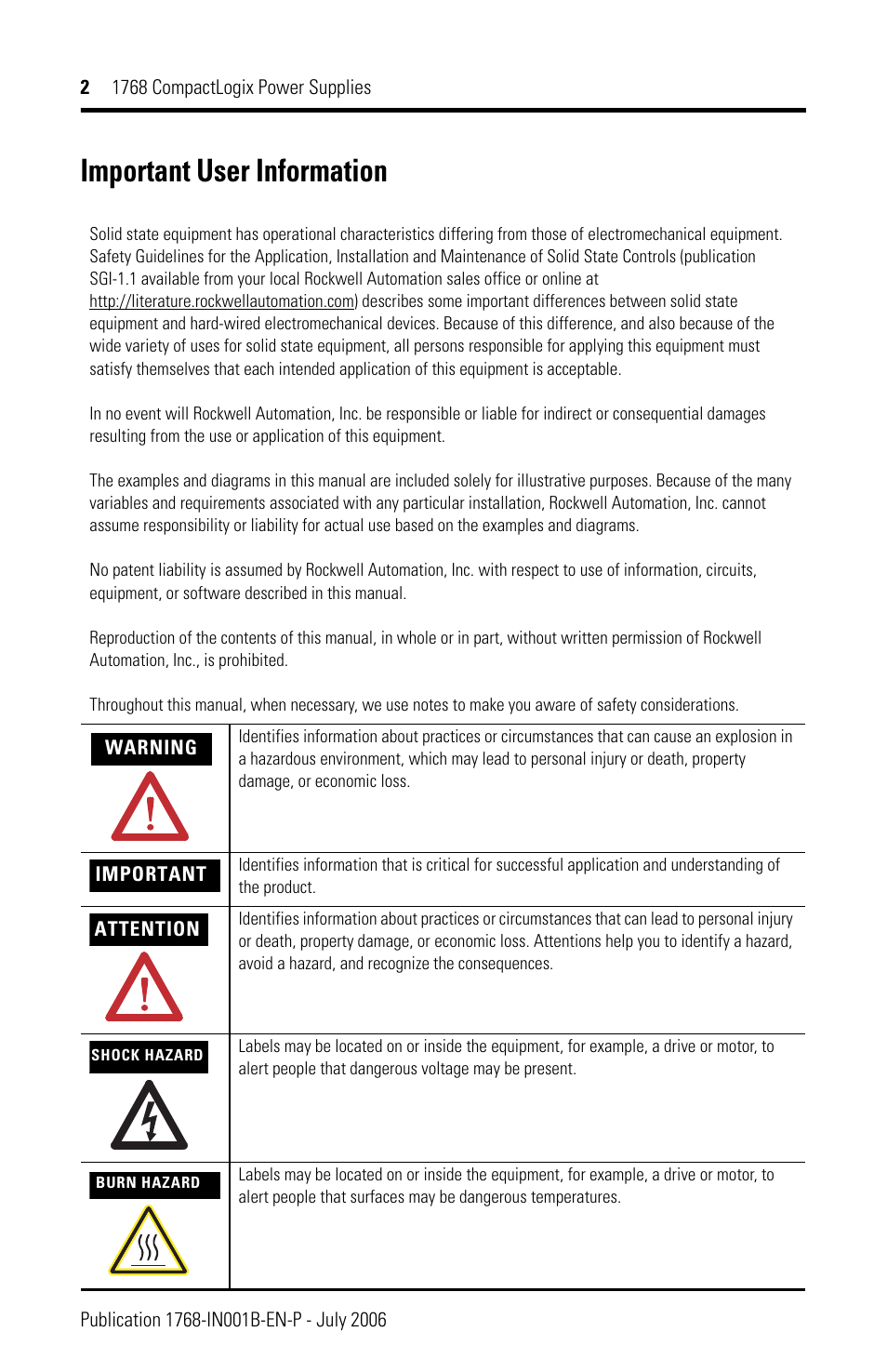 Important user information | Rockwell Automation 1768-PA3_PB3 CompactLogix Power Supplies Installation Instructions User Manual | Page 2 / 32