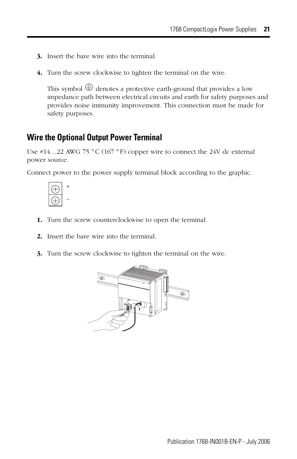 Wire the optional output power terminal | Rockwell Automation 1768-PA3_PB3 CompactLogix Power Supplies Installation Instructions User Manual | Page 21 / 32