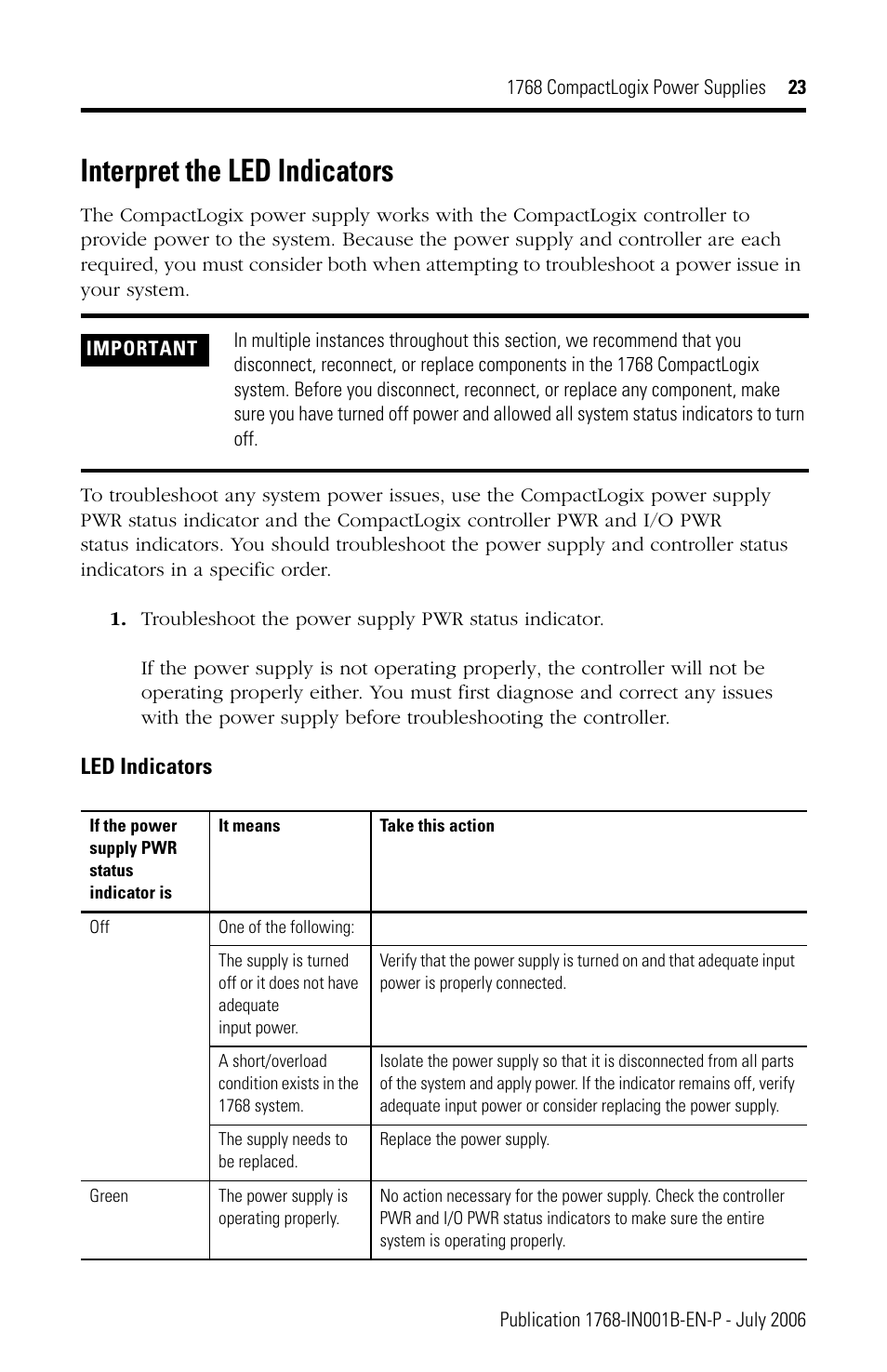 Interpret the led indicators | Rockwell Automation 1768-PA3_PB3 CompactLogix Power Supplies Installation Instructions User Manual | Page 23 / 32
