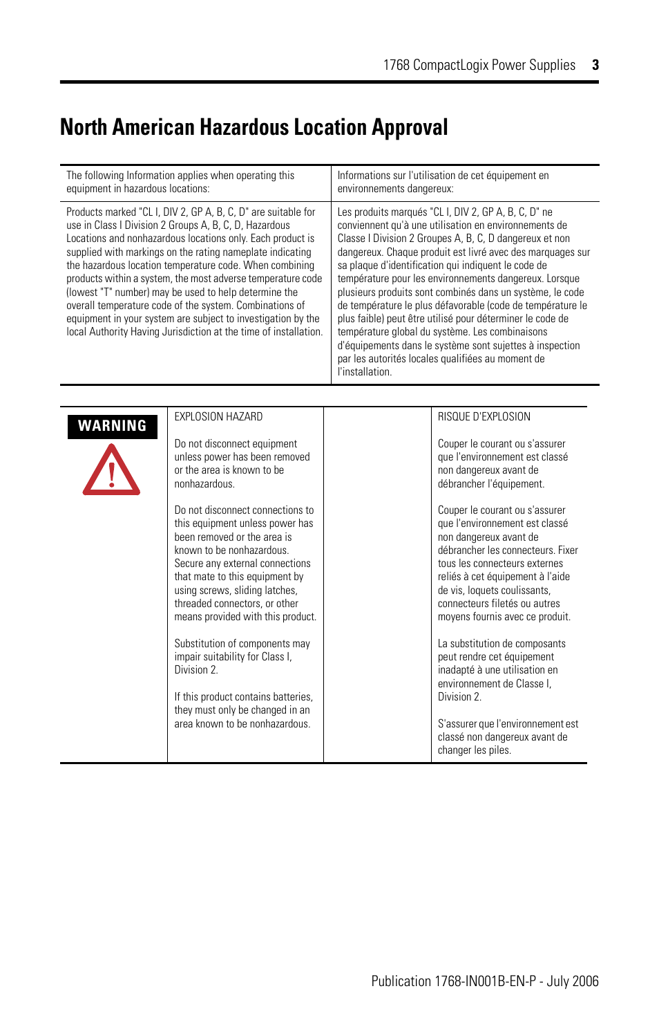 North american hazardous location approval, Warning | Rockwell Automation 1768-PA3_PB3 CompactLogix Power Supplies Installation Instructions User Manual | Page 3 / 32