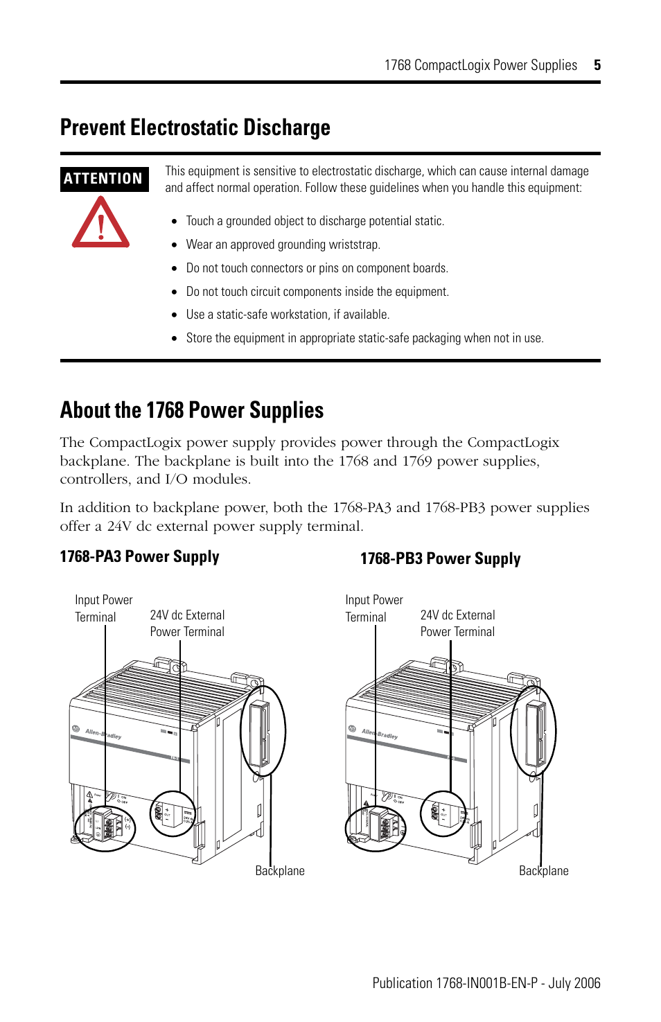 Prevent electrostatic discharge, About the 1768 power supplies | Rockwell Automation 1768-PA3_PB3 CompactLogix Power Supplies Installation Instructions User Manual | Page 5 / 32