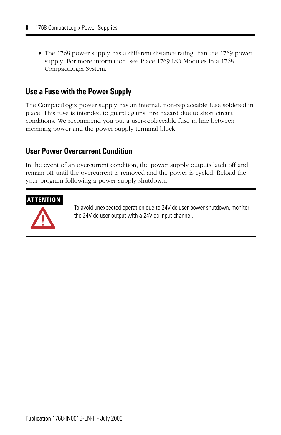 Use a fuse with the power supply, User power overcurrent condition | Rockwell Automation 1768-PA3_PB3 CompactLogix Power Supplies Installation Instructions User Manual | Page 8 / 32