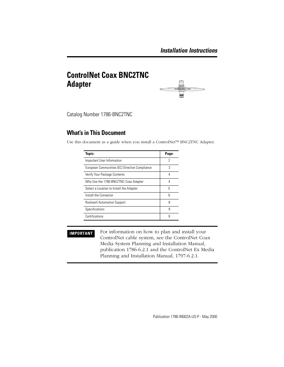 Rockwell Automation 1786-BNC2TNC ControlNet COAX BNC2TNC Adapter Installation Instructions User Manual | 12 pages