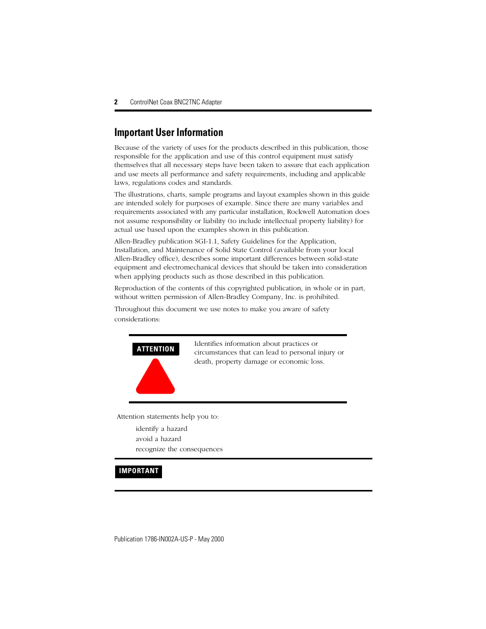 Important user information | Rockwell Automation 1786-BNC2TNC ControlNet COAX BNC2TNC Adapter Installation Instructions User Manual | Page 2 / 12
