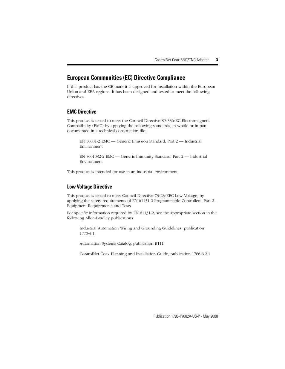 European communities (ec) directive compliance, Emc directive, Low voltage directive | Rockwell Automation 1786-BNC2TNC ControlNet COAX BNC2TNC Adapter Installation Instructions User Manual | Page 3 / 12