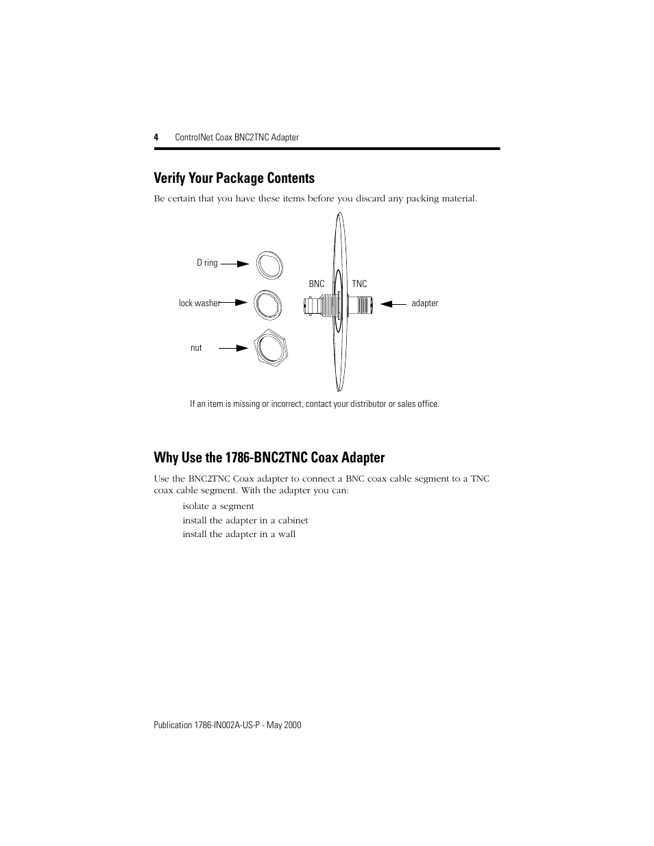 Verify your package contents, Why use the 1786-bnc2tnc coax adapter | Rockwell Automation 1786-BNC2TNC ControlNet COAX BNC2TNC Adapter Installation Instructions User Manual | Page 4 / 12