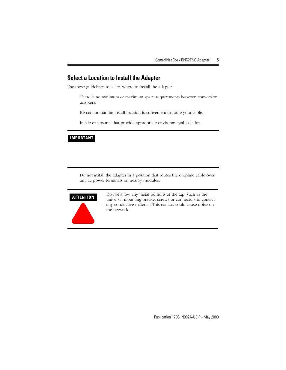 Select a location to install the adapter | Rockwell Automation 1786-BNC2TNC ControlNet COAX BNC2TNC Adapter Installation Instructions User Manual | Page 5 / 12