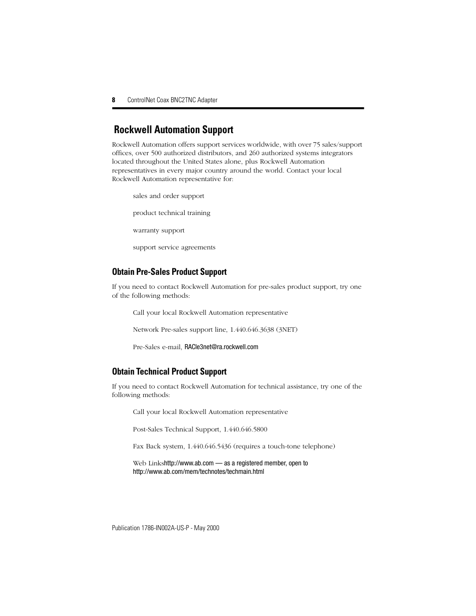 Rockwell automation support, Obtain pre-sales product support, Obtain technical product support | Rockwell Automation 1786-BNC2TNC ControlNet COAX BNC2TNC Adapter Installation Instructions User Manual | Page 8 / 12