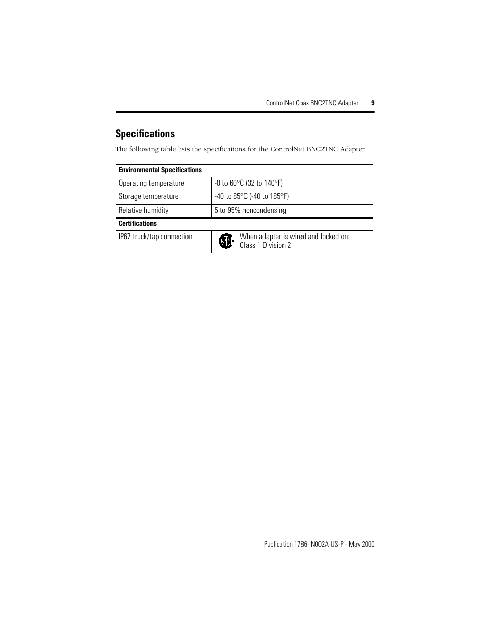 Specifications, Certifications | Rockwell Automation 1786-BNC2TNC ControlNet COAX BNC2TNC Adapter Installation Instructions User Manual | Page 9 / 12