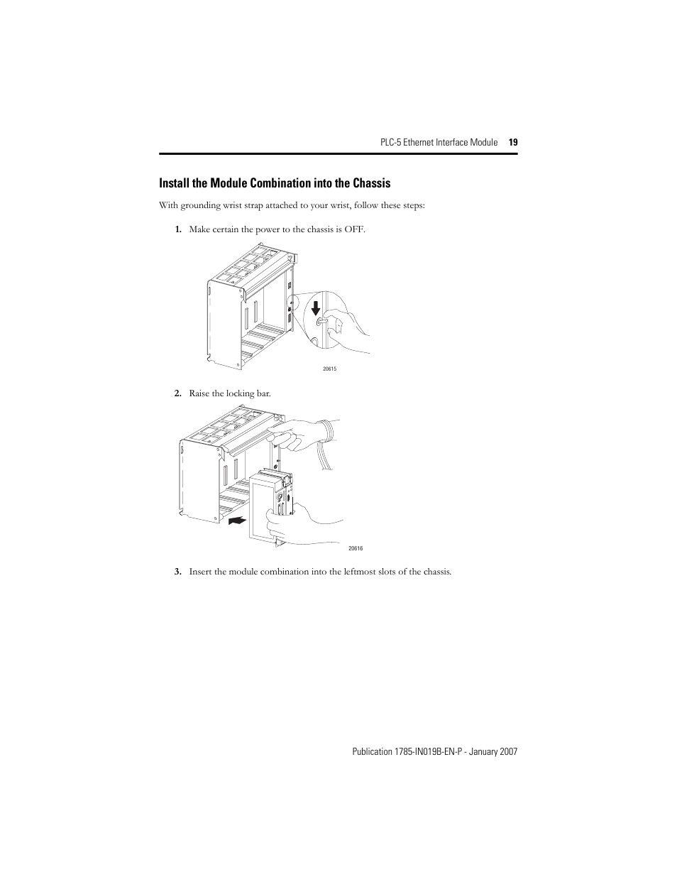 Install the module combination into the chassis | Rockwell Automation 1785-ENET PLC-5 Ethernet Interface Module Installation Instructions User Manual | Page 19 / 48