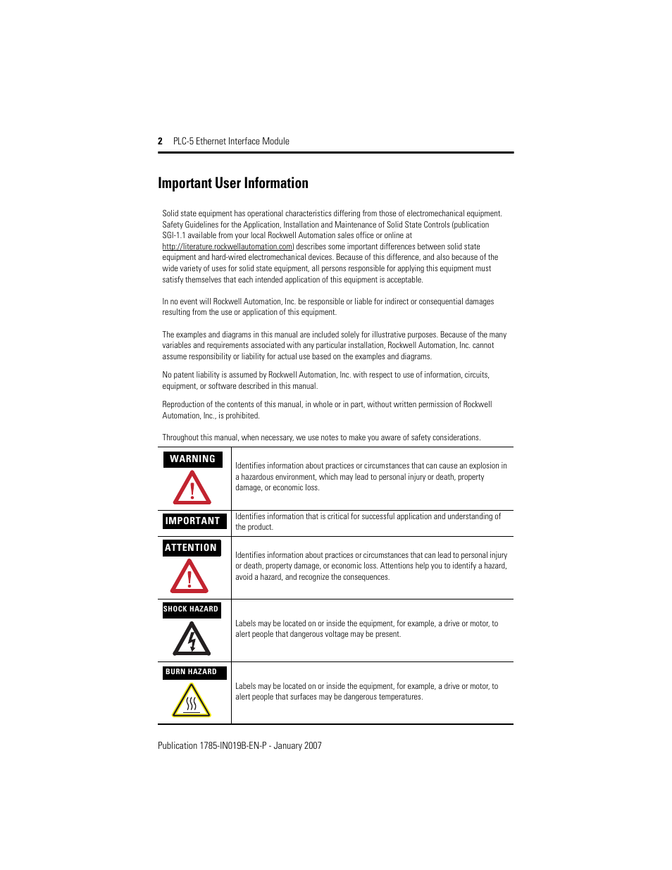 Important user information | Rockwell Automation 1785-ENET PLC-5 Ethernet Interface Module Installation Instructions User Manual | Page 2 / 48