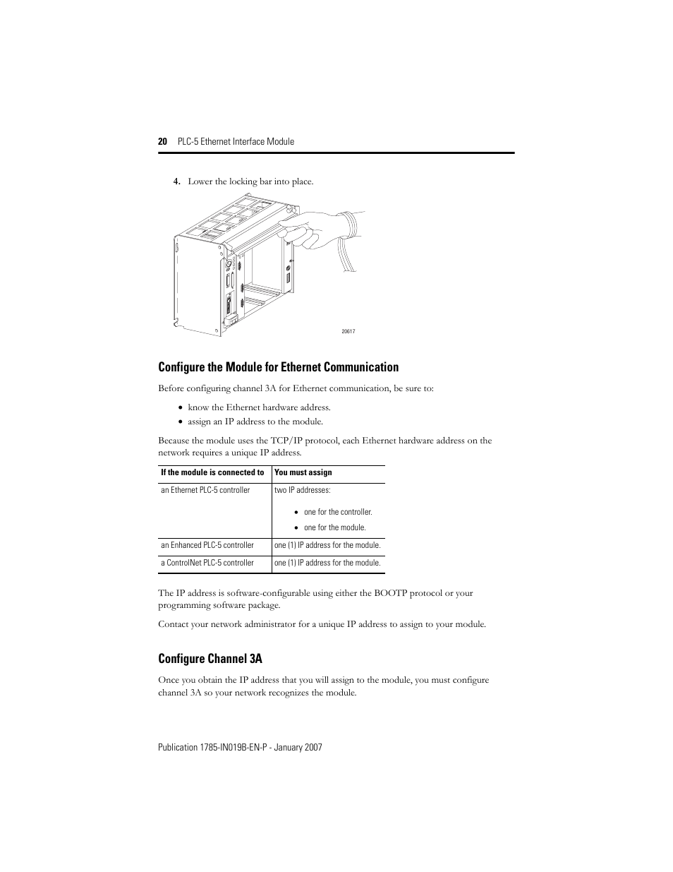 Configure the module for ethernet communication, Configure channel 3a | Rockwell Automation 1785-ENET PLC-5 Ethernet Interface Module Installation Instructions User Manual | Page 20 / 48