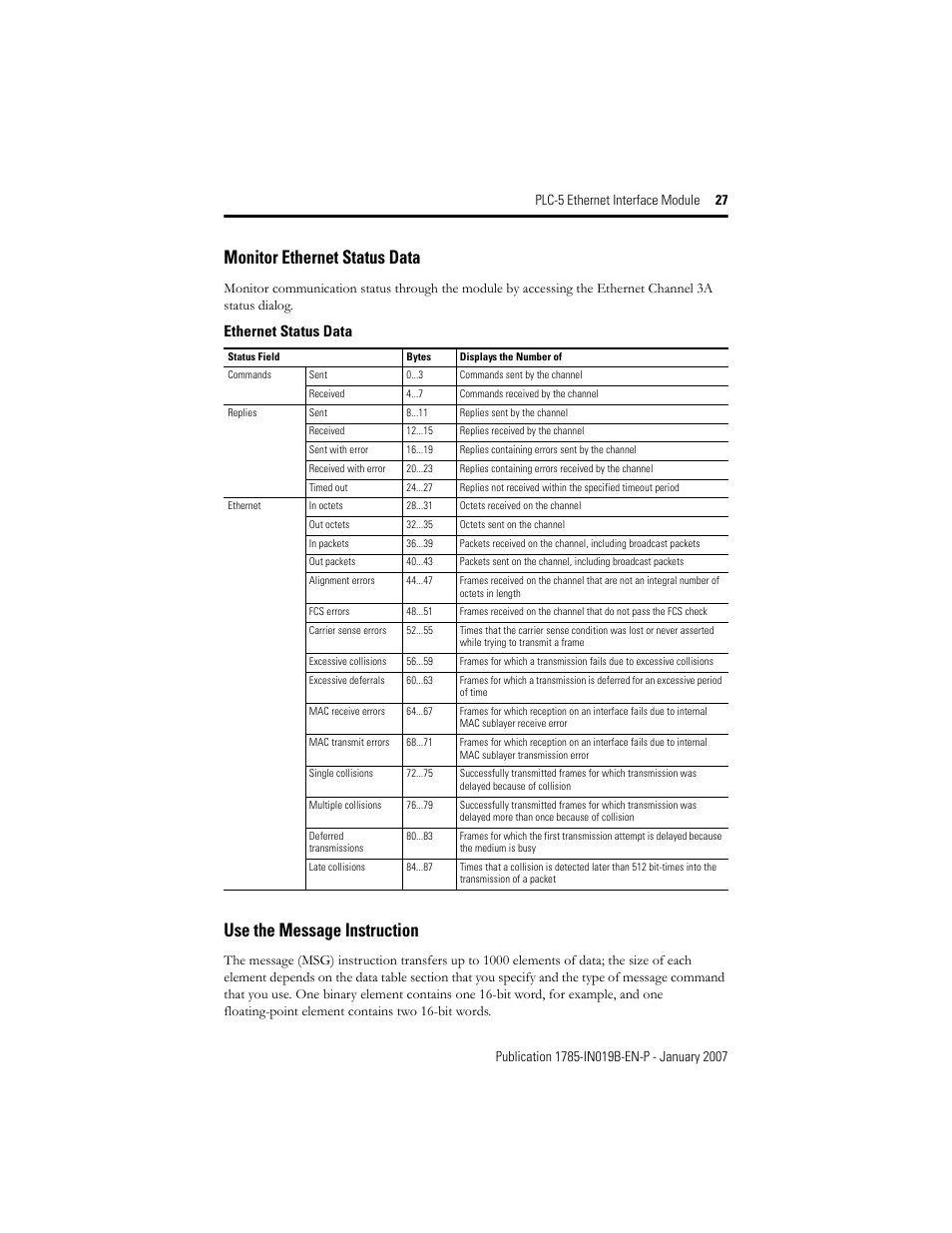 Monitor ethernet status data, Use the message instruction, Ethernet status data | Rockwell Automation 1785-ENET PLC-5 Ethernet Interface Module Installation Instructions User Manual | Page 27 / 48