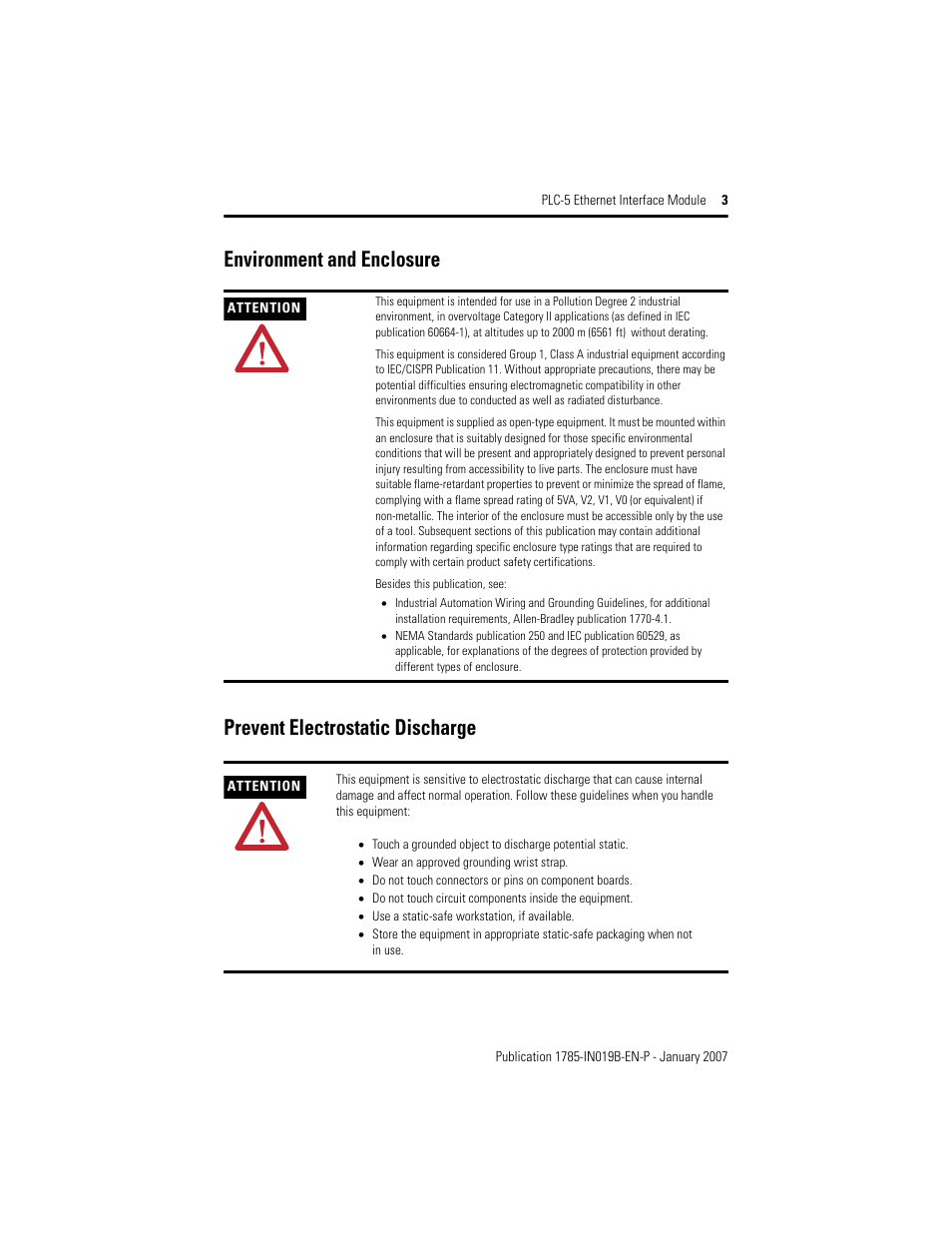 Environment and enclosure, Prevent electrostatic discharge | Rockwell Automation 1785-ENET PLC-5 Ethernet Interface Module Installation Instructions User Manual | Page 3 / 48