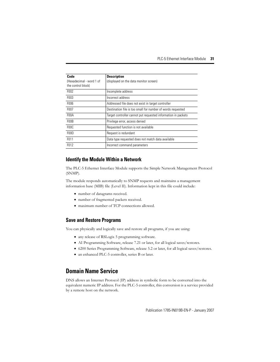 Domain name service, Identify the module within a network, Save and restore programs | Rockwell Automation 1785-ENET PLC-5 Ethernet Interface Module Installation Instructions User Manual | Page 31 / 48