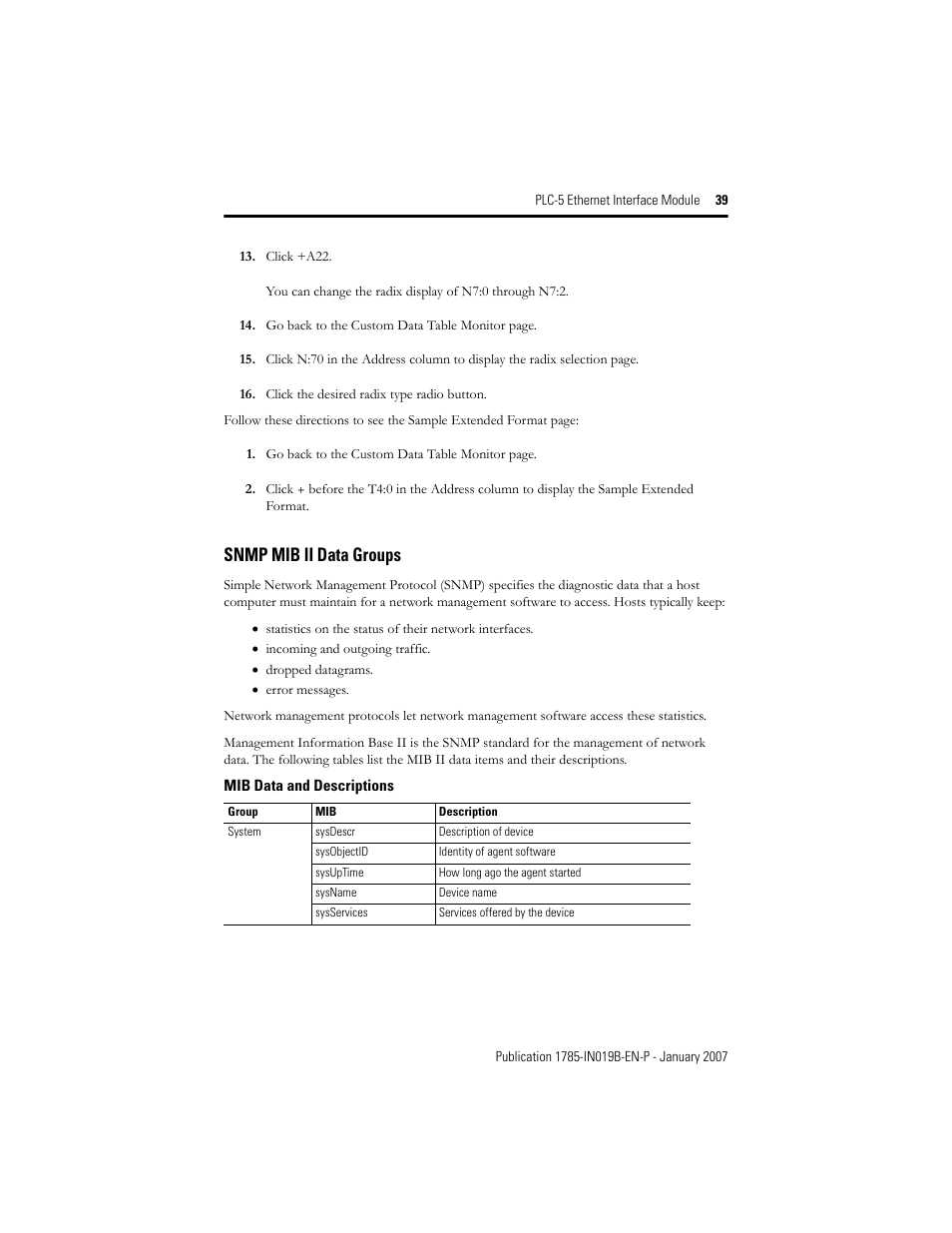 Snmp mib ii data groups | Rockwell Automation 1785-ENET PLC-5 Ethernet Interface Module Installation Instructions User Manual | Page 39 / 48