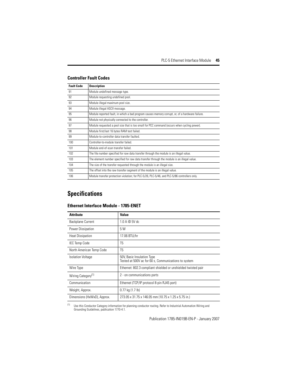 Specifications, Controller fault codes, Ethernet interface module - 1785-enet | Rockwell Automation 1785-ENET PLC-5 Ethernet Interface Module Installation Instructions User Manual | Page 45 / 48
