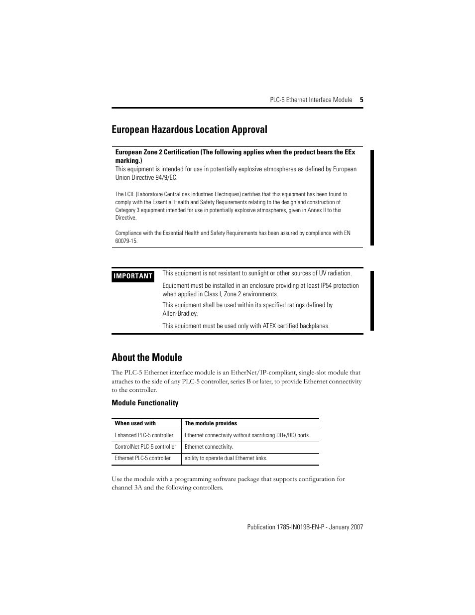 European hazardous location approval, About the module | Rockwell Automation 1785-ENET PLC-5 Ethernet Interface Module Installation Instructions User Manual | Page 5 / 48