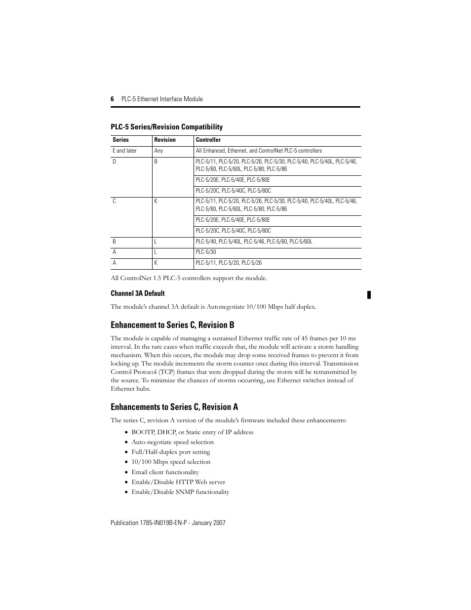 Enhancement to series c, revision b, Enhancements to series c, revision a | Rockwell Automation 1785-ENET PLC-5 Ethernet Interface Module Installation Instructions User Manual | Page 6 / 48