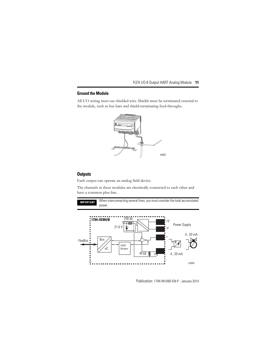 Ground the module, Outputs | Rockwell Automation 1794-OE8H, Series B Flex I/O Output HART Module Installation Instructions User Manual | Page 11 / 32