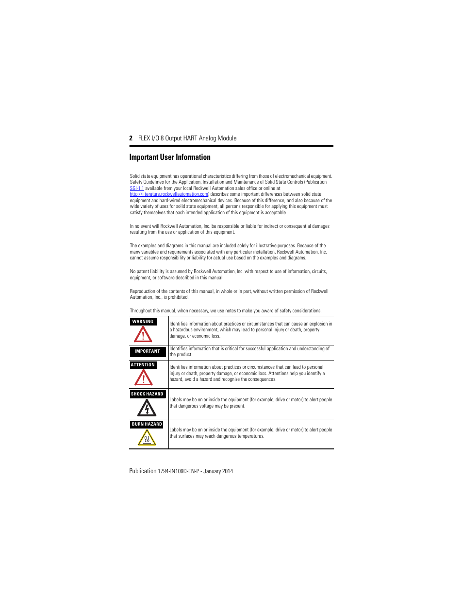 Important user information, 2 flex i/o 8 output hart analog module publication | Rockwell Automation 1794-OE8H, Series B Flex I/O Output HART Module Installation Instructions User Manual | Page 2 / 32
