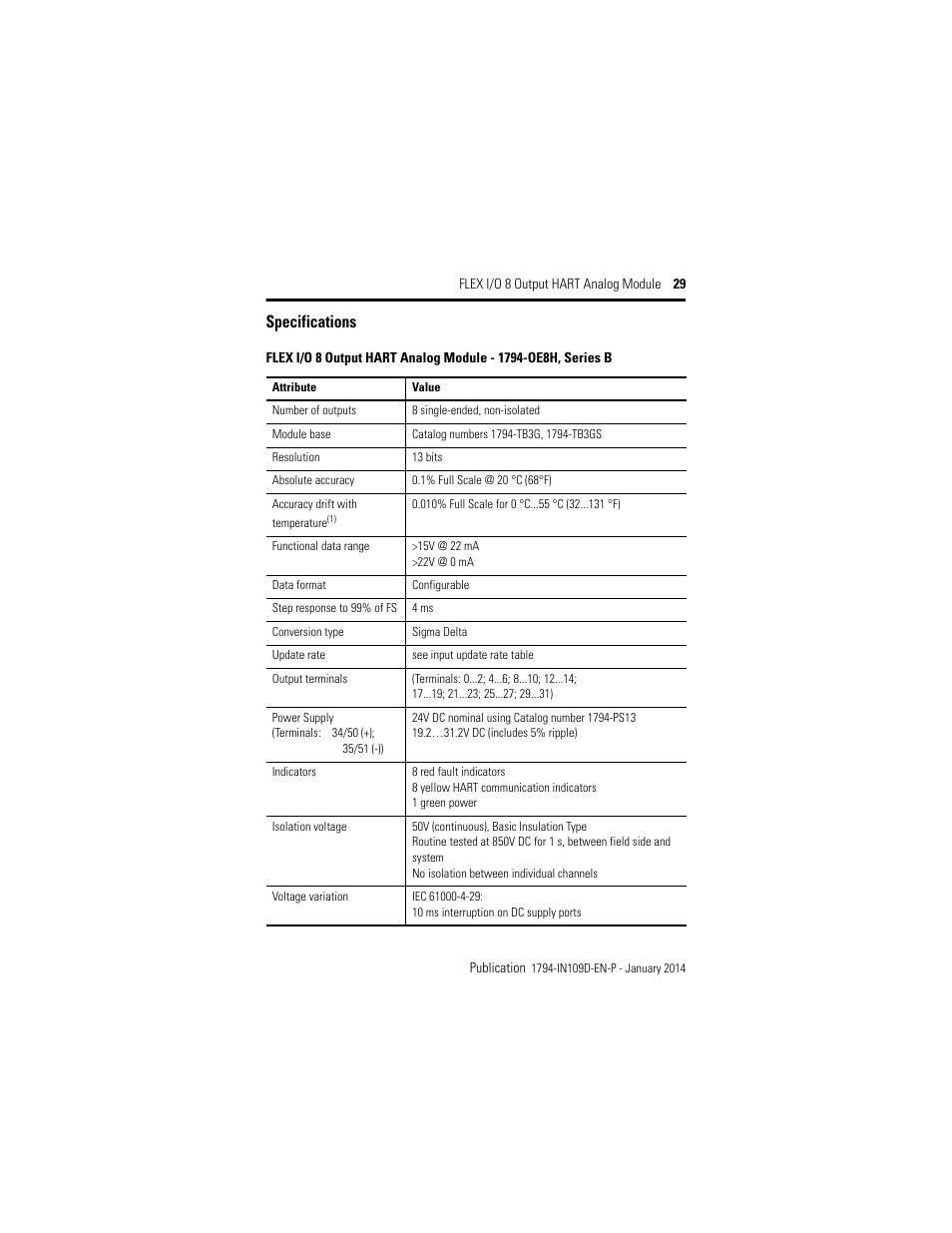 Specifications | Rockwell Automation 1794-OE8H, Series B Flex I/O Output HART Module Installation Instructions User Manual | Page 29 / 32