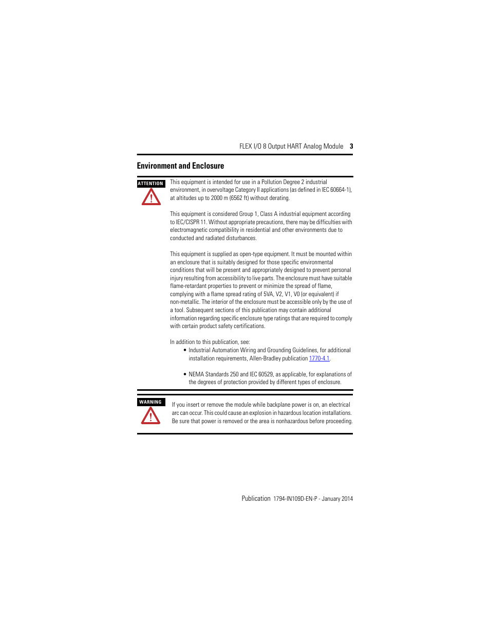 Environment and enclosure | Rockwell Automation 1794-OE8H, Series B Flex I/O Output HART Module Installation Instructions User Manual | Page 3 / 32
