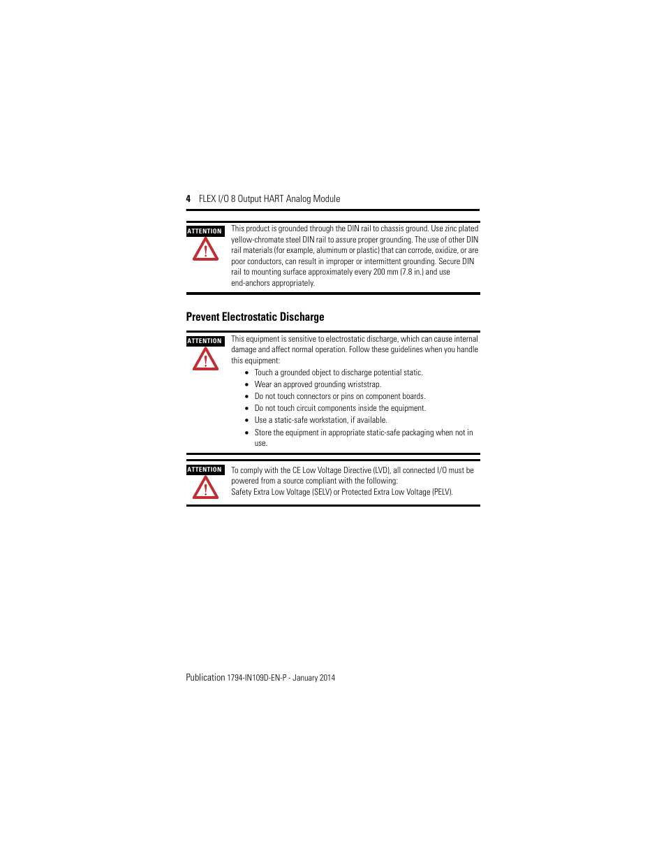 Prevent electrostatic discharge | Rockwell Automation 1794-OE8H, Series B Flex I/O Output HART Module Installation Instructions User Manual | Page 4 / 32