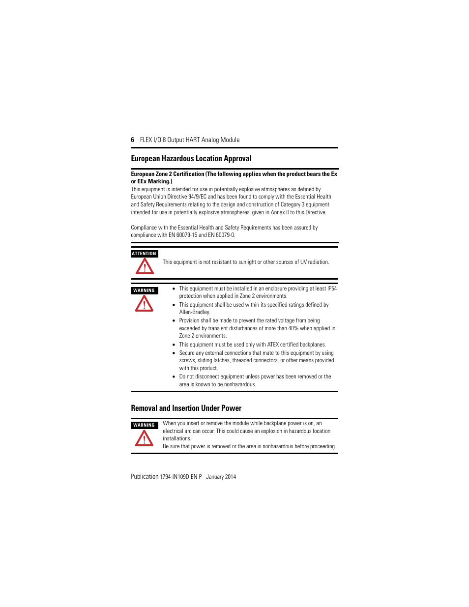 European hazardous location approval, Removal and insertion under power | Rockwell Automation 1794-OE8H, Series B Flex I/O Output HART Module Installation Instructions User Manual | Page 6 / 32