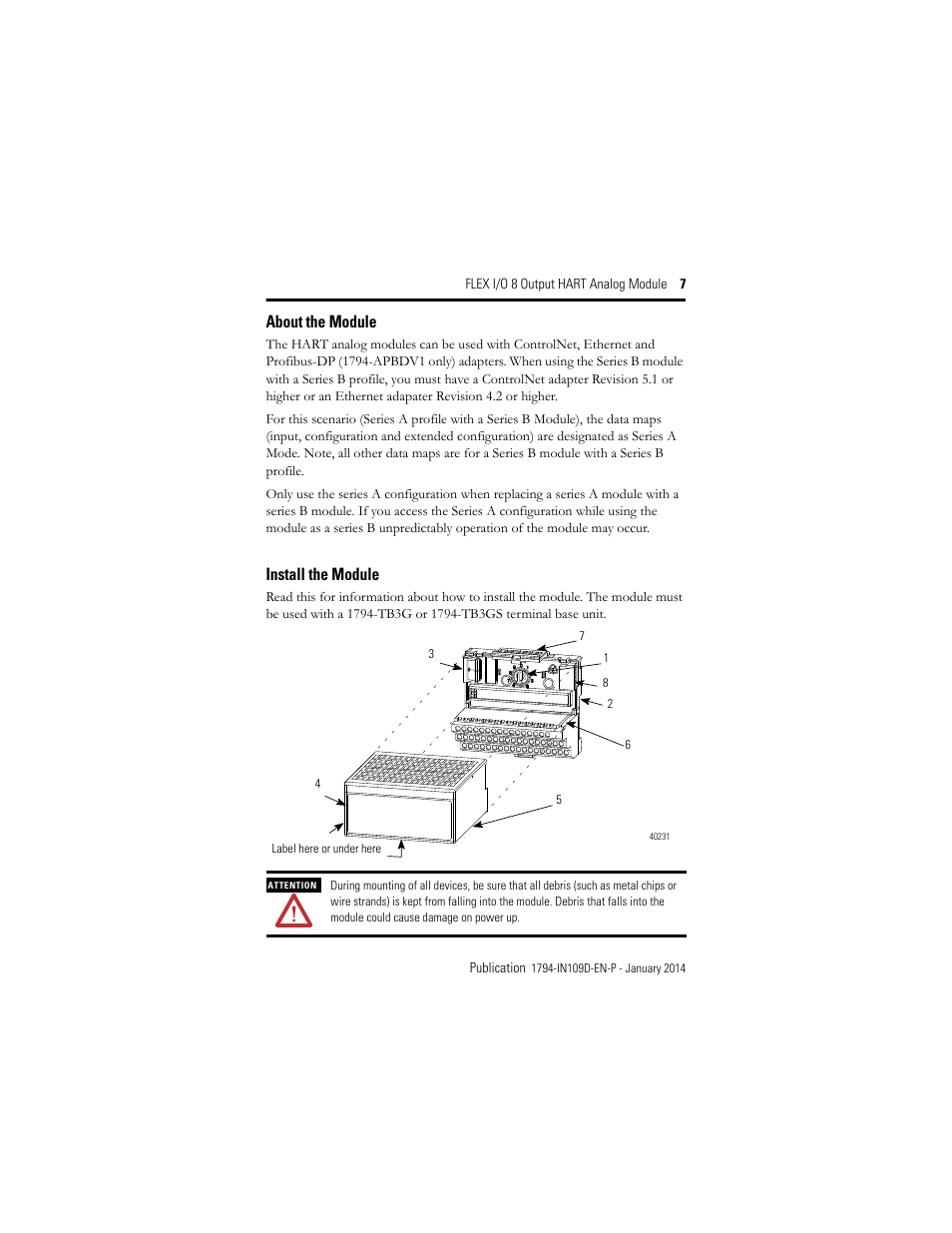 About the module, Install the module | Rockwell Automation 1794-OE8H, Series B Flex I/O Output HART Module Installation Instructions User Manual | Page 7 / 32