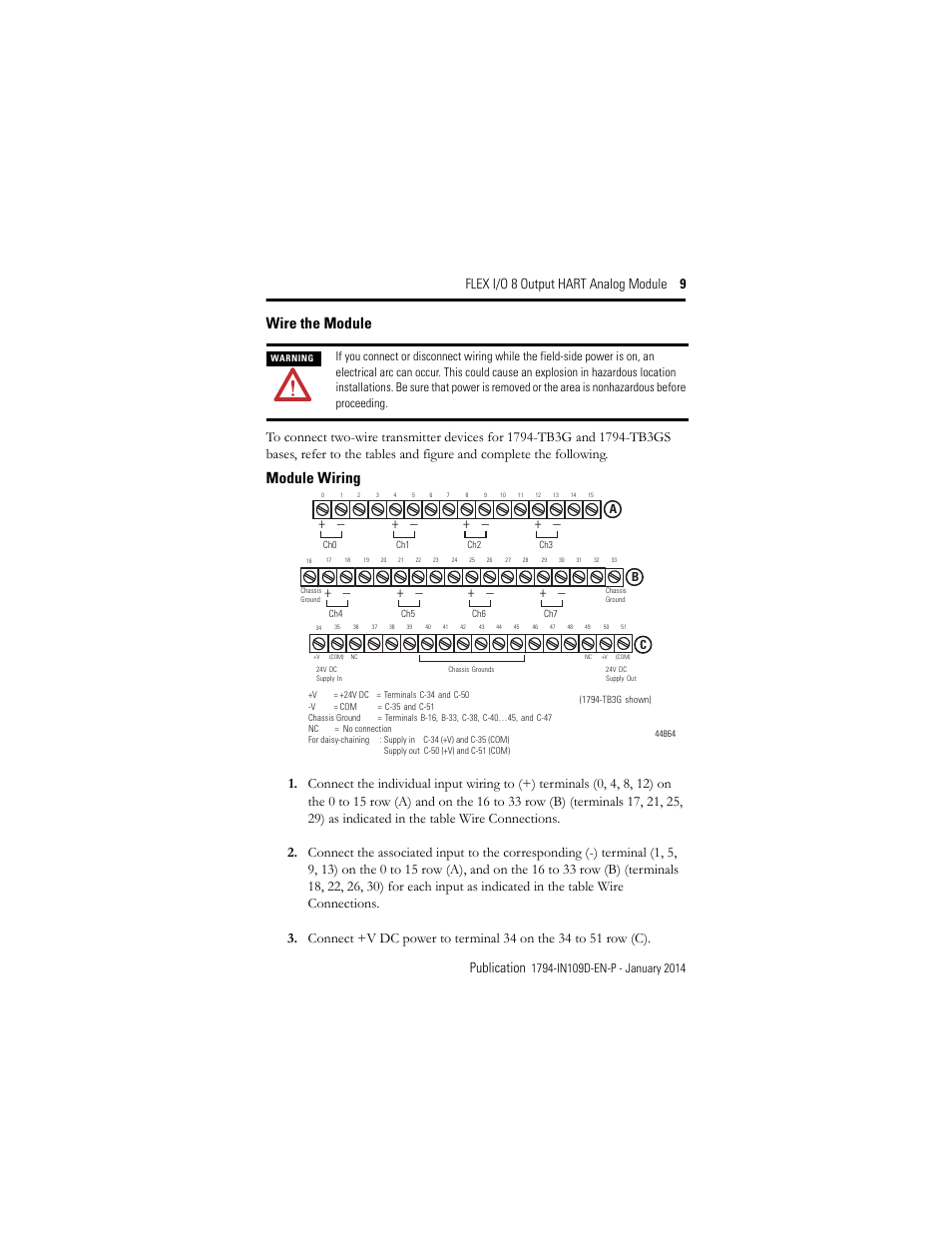 Wire the module, Module wiring, Flex i/o 8 output hart analog module 9 publication | Rockwell Automation 1794-OE8H, Series B Flex I/O Output HART Module Installation Instructions User Manual | Page 9 / 32