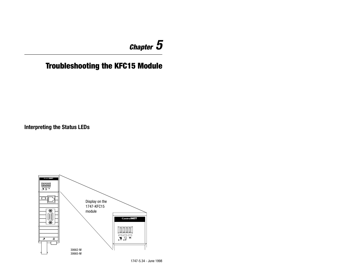 Chapter 5 - troubleshooting the kfc15 module, Interpreting the status leds, Chapter 5 troubleshooting the kfc15 module | Interpreting the status leds -1, Troubleshooting the kfc15 module, Chapter | Rockwell Automation 1747-KFC15 SLC500 CONTROLNET RS-232 USER MANUAL User Manual | Page 33 / 52