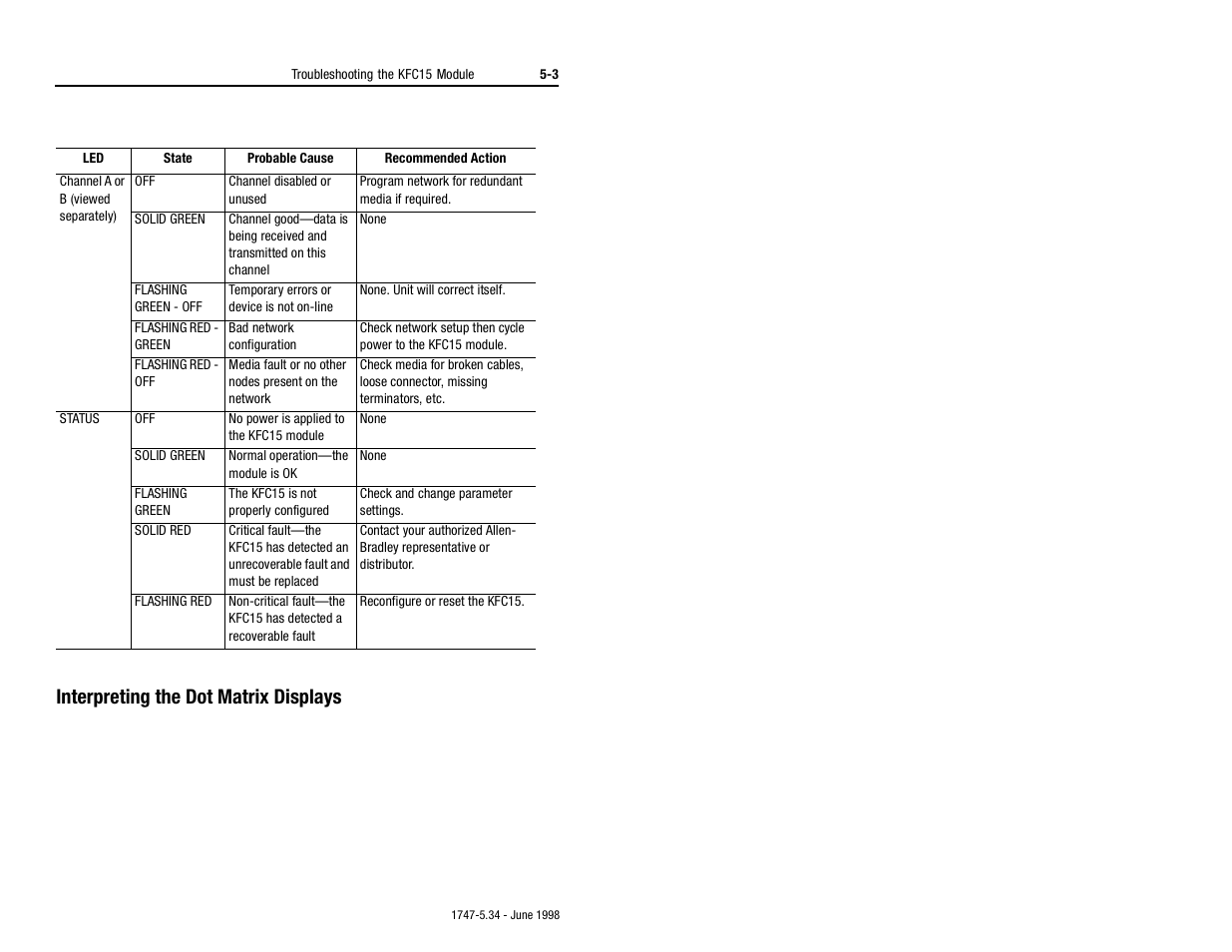 Interpreting the dot matrix displays, Interpreting the dot matrix displays -3 | Rockwell Automation 1747-KFC15 SLC500 CONTROLNET RS-232 USER MANUAL User Manual | Page 35 / 52