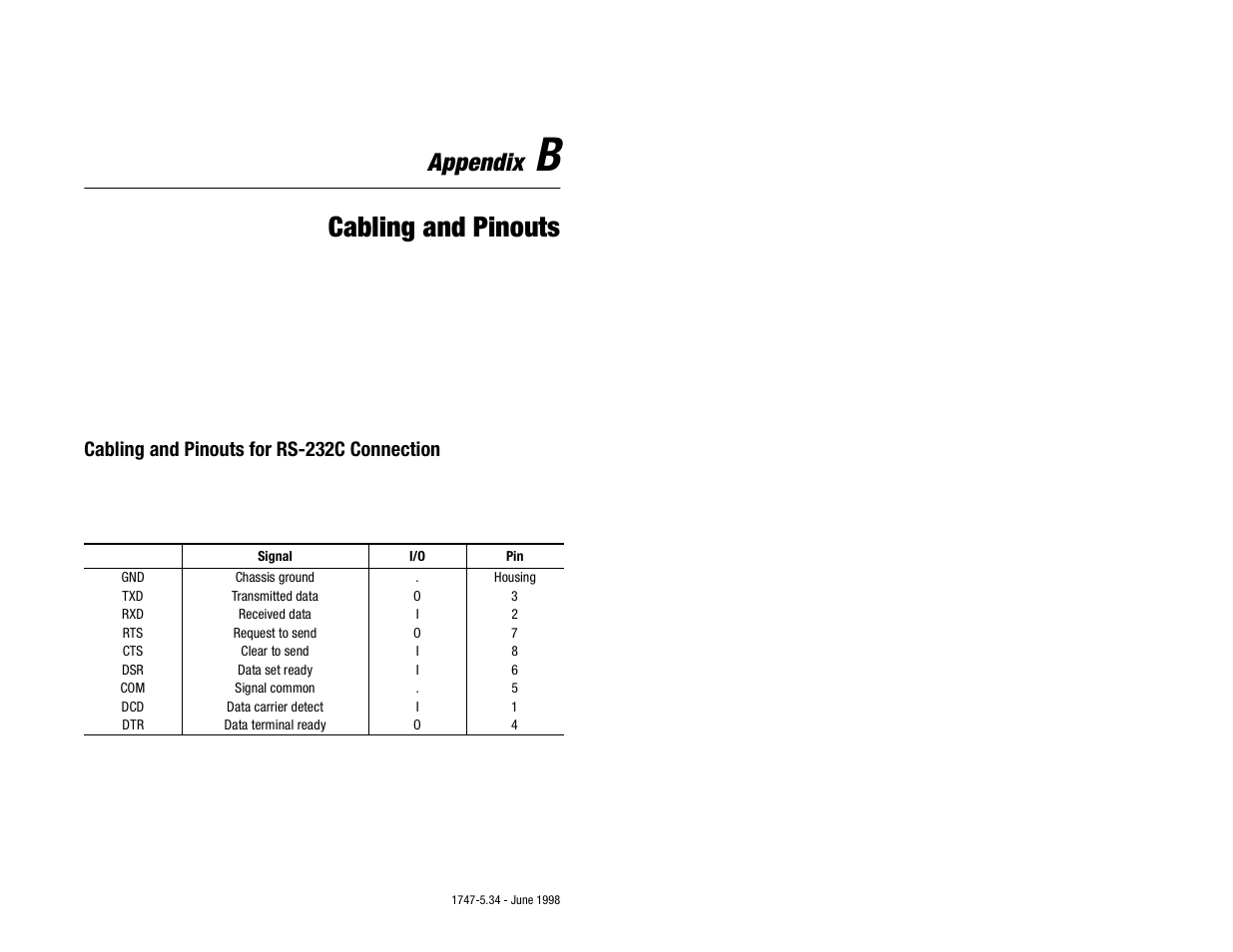 Appendix b - cabling and pinouts, Cabling and pinouts for rs-232c connection, Appendix b cabling and pinouts | Cabling and pinouts, Appendix | Rockwell Automation 1747-KFC15 SLC500 CONTROLNET RS-232 USER MANUAL User Manual | Page 41 / 52