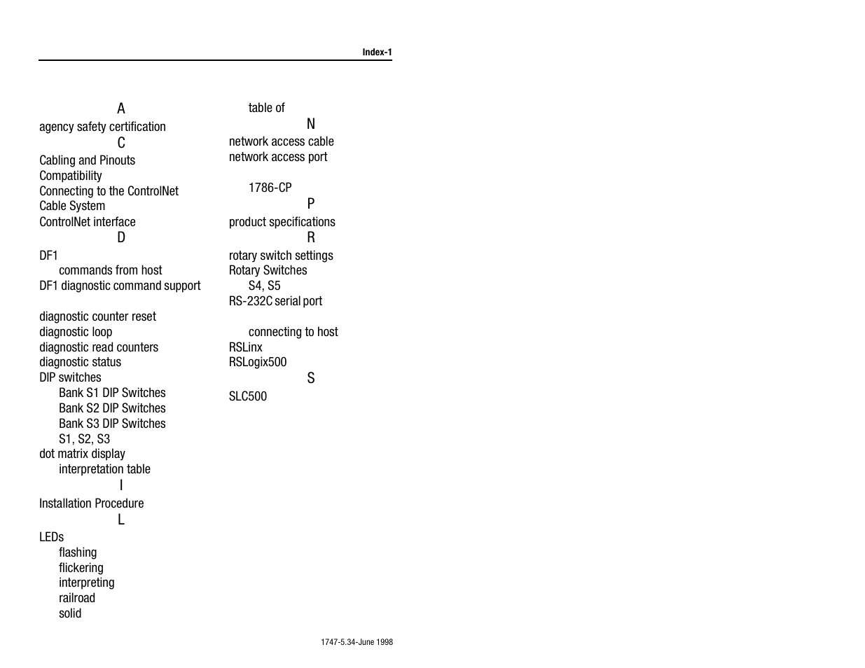 Index | Rockwell Automation 1747-KFC15 SLC500 CONTROLNET RS-232 USER MANUAL User Manual | Page 49 / 52